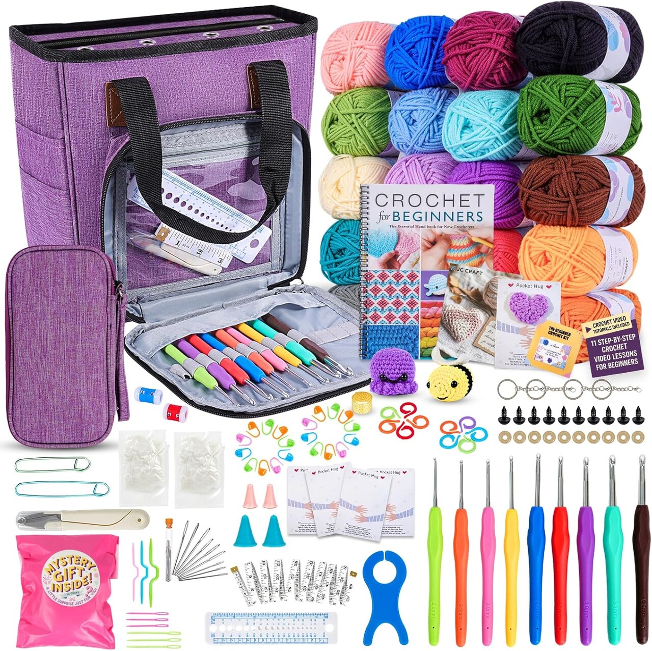 Deluxe Beginner Crochet Kit – 116-Piece Set with 20 Yarns, Ergonomic Hooks & Supplies – DIY Starter Kit
